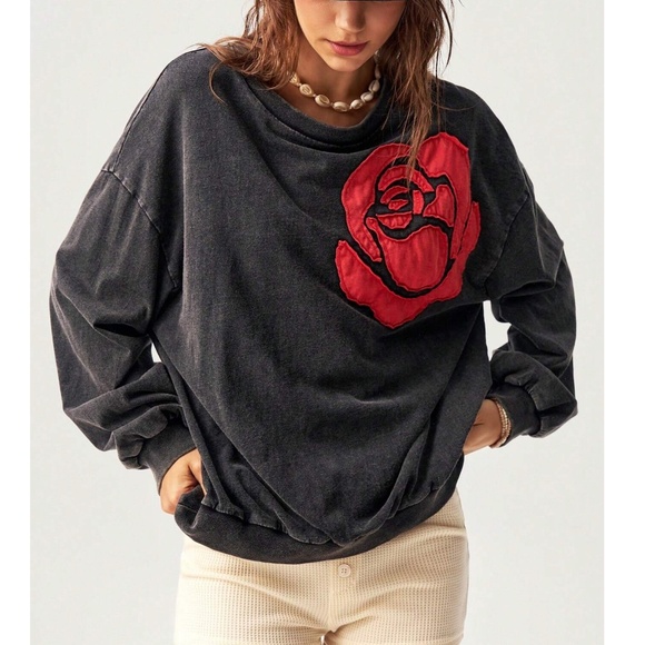 Tops - Cozy Cotton Mineral Wash Rose Patch Oversized Long Sleeve Top